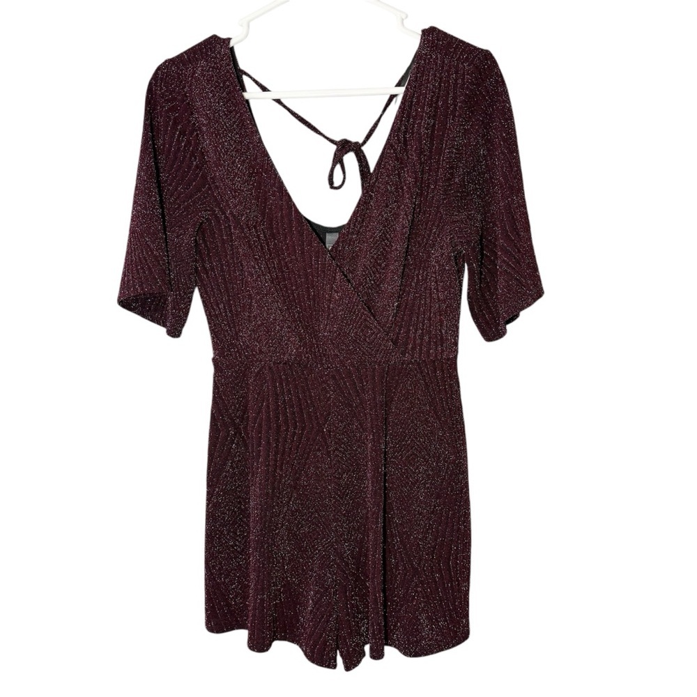 Alya Dark Purple Maroon Burgundy Sparkle V neck Romper Women’s Medium